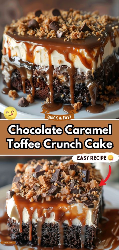 Chocolate Caramel Toffee Crunch Cake Star Crunch Cake, Kaluah Cake Recipes, Toffee Frosting Recipe, Heath Cake Toffee Bits, Cake Bowl Desserts, Heath Candy Bar Cake, The Best Chocolate Desserts, Chocolate Cake Thanksgiving, Peanut Butter Crunch Cake