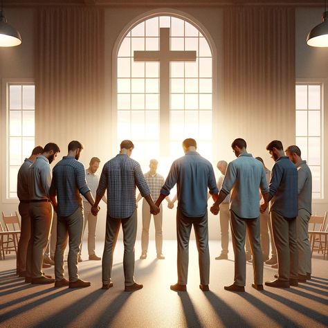 An indoor scene of a prayer breakfast with men standing in a circle, holding hands, with heads bowed in reverence. The room has gentle lighting, a large cross on the wall, and windows showing a peaceful sunrise. The men's faces reflect sincerity and shared spiritual journey, conveying the essence of seeking God's guidance together. Praying In Church, Spiritual Men, Peaceful Sunrise, Gentle Lighting, Men Standing, Prayer Breakfast, Church Fellowship, Man Praying, Prayer Images