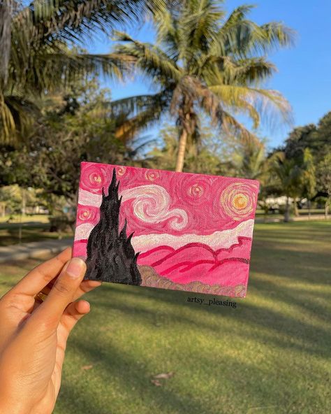 Swipe for a pink starry night tutorial 💕 • • • #vangogh #starrynight #arttutorial | Instagram Starry Night Tutorial, Pink Starry Night, Famous Artists Paintings, Canvas Art Painting Acrylic, Prismacolor Art, Starry Night Painting, Diy Abstract Canvas Art, Hello Kitty Drawing, Oil Pastel Drawings