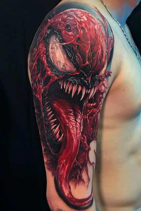 #CarnageArt #SymbioteCarnage #CarnageInk #MaximumCarnage #CarnageCreations #CarnageComic #CarnageIllustration #VenomVsCarnage #CarnageFrenzy Impressive realistic pieces by the super talented @daniel_sholtin! Venom Carnage Tattoo, Carnage Tattoo, Venom Tattoo Design, Batman Tattoo Sleeve, Carnage Art, Forearm Cover Up Tattoos, Colorful Sleeve Tattoos, Venom Tattoo, Absolute Carnage