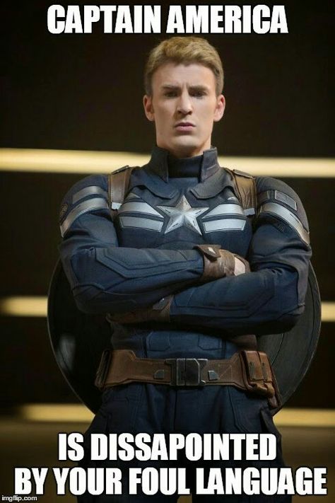 Captain America is disappointed by your foul language Captain America Meme, Captain America Language, Captain America Drawing, Kapten Marvel, Marvel Family, Christopher Robert Evans, Capt America, Chris Evans Funny, Captain America The Winter Soldier