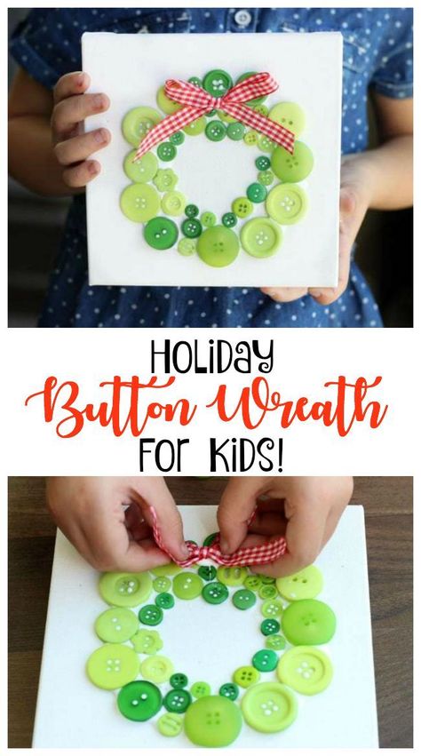 Looking for easy Christmas crafts for kids? How about this darling button wreath wall hanging? Easy to make and so festive to hang up during the holidays! Button Wreath Craft, Christmas Button Crafts, Button Wreath, Button Projects, Kindergarten Christmas, Christmas Classroom Door, Christmas Tree Canvas, Fun Projects For Kids, Christmas Buttons