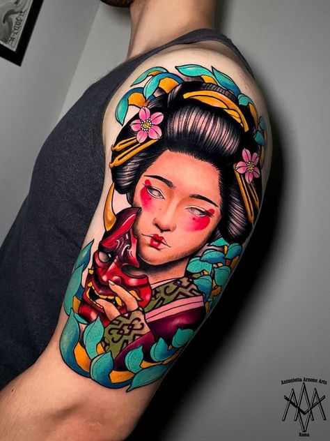 -(Excellent)!!! Neo Traditional Half Sleeve, Traditional Half Sleeve, Japanese Geisha Tattoo, Geisha Tattoos, Traditional Japanese Tattoo Flash, Scroll Tattoos, Japanese Koi Fish Tattoo, Geisha Tattoo Design, Colored Tattoo Design