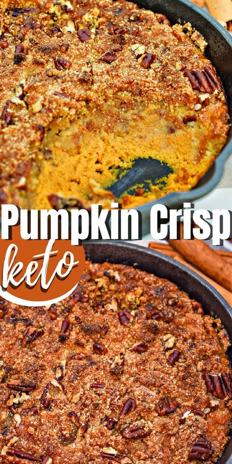 Keto Pumpkin Crisp #ketopumpkincrisp #pumpkincrisp Low Carb Fall Desserts, Pumpkin Crisp Recipe, Crisp Topping, Pumpkin Crisp, Pumpkin Filling, Keto Holiday, Desserts Keto, Keto Casserole, Keto Pumpkin