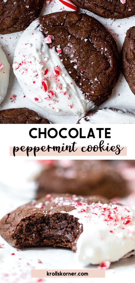 White Chocolate Dipped Peppermint Chocolate Cookies, Christmas Cookies With Peppermint, Chocolate Peppermint Christmas Cookies, Peppermint Dipped Cookies, Candy Cane Chocolate Cookies, Peppermint Fudge Cookies, White Chocolate Dipped Peppermint Cookie, Chocolate Dipped Peppermint Cookies, Cookies With Peppermint Chips