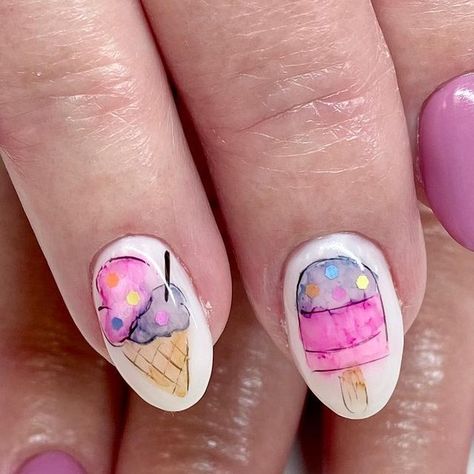 Magpie Beauty Master Educator & Distributor on Instagram: "Watercolor ice cream cones and popsicles as a last hoorah for summer nails! I love using my Inkies any chance I get! #everythingmagpie ▪️Cherry Blossom gel color ▪️Fresh As A Daisy gel color ▪️Inkies: pink, neon pink, blue, neon purple, rust, clear ▪️Neon confetti circles ▪️Gel paint black+ @polishedlookssalon" Ice Cream Cone Nail Art, Pink Ice Cream Nails, Nail Ice Cream, Ice Cream Gel Nails, Popsicle Nails, Ice Cream Cone Acrylic Nails, Neon Confetti, Watercolor Ice Cream, Gel Paint