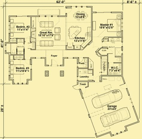 Architectural House Plans : Floor Plan Details : Three Bedroom One-Story Craftsman Open Concept House, Open Concept House Plans, One Story House Plans, Open Kitchen And Living Room, Small Floor Plans, One Story House, House Plans One Story, Kitchen Open, Architectural House Plans