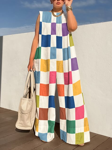 Loose Sleeveless Contrast Color Plaid Jumpsuits Plaid Jumpsuit, Teacher Fits, Relaxed Outfit, Confident Style, Dopamine Dressing, Linen Fashion, Jumpsuit Summer, Mode Casual, Linen Style