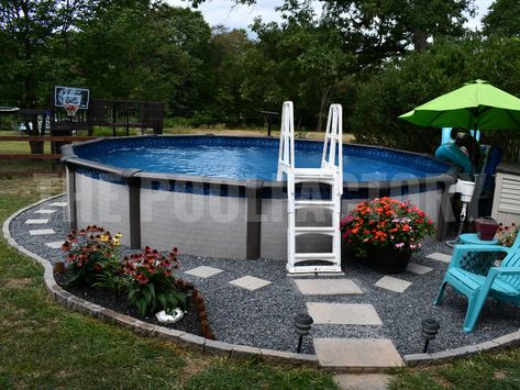 Yards With Above Ground Pools, Back Yard With Pool Area, Decorate Around Above Ground Pool, Pool Ideas Decoration, Pea Gravel Around Above Ground Pool, Pop Up Pool Ideas Yards, Above Ground Pool Set Up, Pool Ideas Small Backyards, Above Ground Pool Surround Ideas