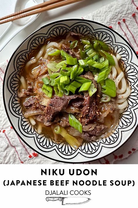 Niku Udon is savory and slightly sweet, with thick and chewy udon noodles, this soup is addictive; warm and comforting on a cold wintry day. Beef Udon Soup, Beef Udon, Udon Soup, Udon Noodle Soup, Yaki Udon, Bratwurst Sausage, Japanese Beef, Beef Noodle Soup, Udon Noodles