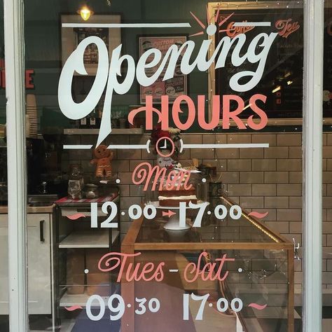 Window graphics are a great way to display opening hours! Pet Lamb, Window Lettering, Display Visual Merchandising, Painting Lettering, Window Writing, Cafe Window, Sign Painting Lettering, Sign Inspiration, Window Signage