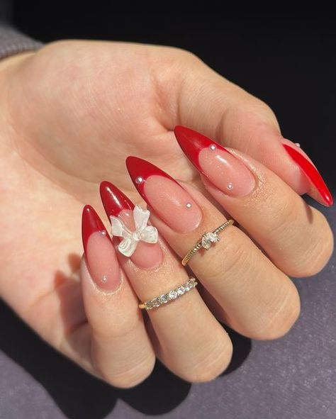 Red French Stiletto Nails, French Stiletto Nails, Nails Red French, Red French Nails, Medium Stiletto, French Tip Press On Nails, Nails Glossy, Red French, Acrylic Nail Kit