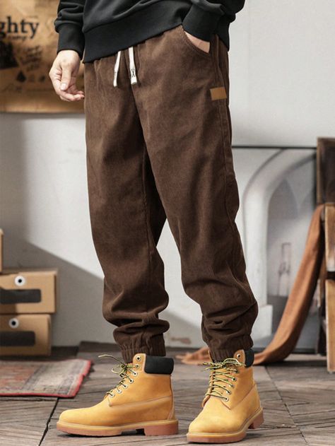 Brown Casual Collar  Corduroy Plain Jogger Embellished Non-Stretch  Men Clothing Thigh Belt, Backless Sweater, Corduroy Pants Men, Drop Shoulder Shirt, Duty Gear, Glow Up, Outfits Hombre, Joggers Outfit, Raw Hem Jeans