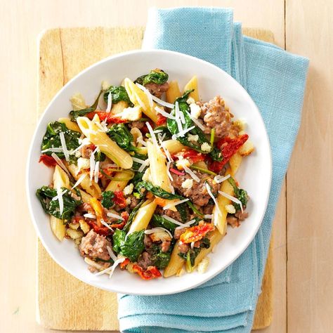 Flavor-packed sausage and sun-dried tomatoes are sure to liven up any simple pasta dish. I have a feeling that once you've tried it, it'll become a family favorite!—Dawn Singleton, Eighty Four, Pennsylvania Sausage And Kale Pasta, Sausage Kale Pasta, Sun Dried Tomato Pasta, Sausage And Kale, Noodles And Company, Tomato Pasta Recipe, Kale Pasta, Italian Pasta Dishes, Carbonara Recipe