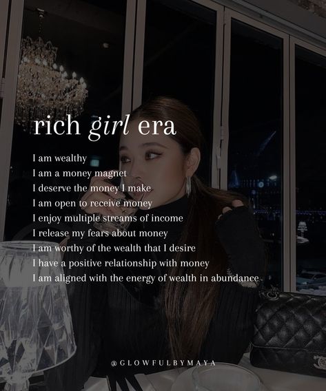 rich girl affirmations • affirmations for the wealthiest era of your life #abundance #lawofassumption #manifestation #dreamlife • glowfulbymaya Rich Girl Mindset, Rich Girl Affirmations, I Am Rich Affirmations, Fame Affirmations, Rich Affirmations, Rich Girl Era, Prayer Vision Board, Boujee Lifestyle, Girl Affirmations