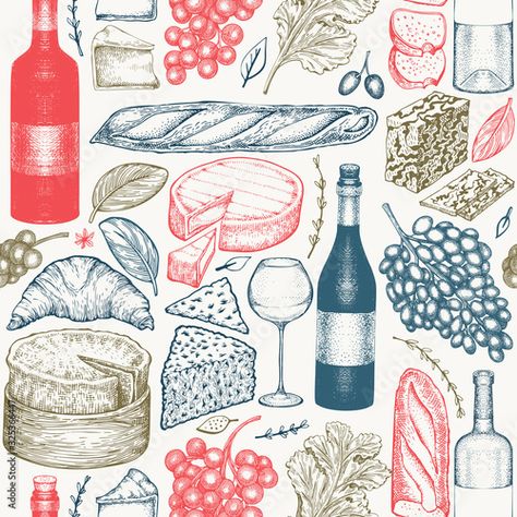 Stock Image: French food illustration seamless pattern. Hand drawn vector picnic meal illustrations. Engraved style different snack and wine design. Vintage food background. Food Background, Vintage Food, Food Backgrounds, Wine Design, French Wine, Food Illustration, Hand Drawn Vector, French Food, Vintage Recipes