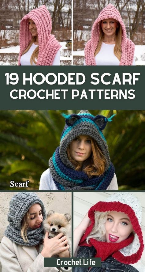 Hooded Scarves Crochet Patterns, Free Crochet Pattern Scarf With Pockets, Hood Scarf Crochet Pattern Free, Crochet Hoodie Scarf Pattern Free, Crochet Hoodie Scarf Free Pattern, Snood Scarf Crochet, Crochet Scarf With Hat, Free Pixie Hat Crochet Pattern, Crochet Hooded Scarf Pattern Free Hoodie