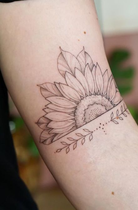 Sunflower Tattoo Design Ideas (The Complete Guide!) Half Sunshine Tattoo, Sun Sleeve Tattoos For Women, Daisy And Sun Tattoo, Back Elbow Tattoo Women, Sunflower Tattoo On Forearm, Side Sunflower Tattoo, Little Sunflower Tattoo, Sunflower Thigh Tattoo, Sunflower Heart Tattoo