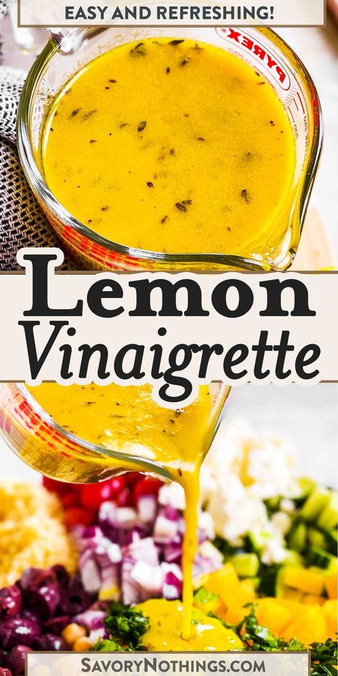 This homemade Lemon Vinaigrette is bright and refreshing with lots of flavor from fresh lemon zest and juice. You can even make it ahead and store it in the fridge for a few days for easy meal prep! | #vinaigretterecipes #saladrecipes #mealpreprecipes #lemonrecipes Lemon Vinagrette, Lemon Vinegarette, Lemon Vinaigrette Recipe, Lemon Salad Dressings, Lemon Vinaigrette Dressing, Vinaigrette Dressing Recipe, Appetizer Salad, Dressing Salad, Moms And Daughters