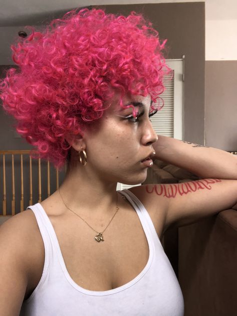 Short Pink Curly Hair Black Women, Short Dyed Curly Hair, Short Pink Curly Hair, Pink Natural Hair, Pink Curly Hair, Black Women Updo Hairstyles, Pink Afro, Two Ponytail Hairstyles, Short Dyed Hair