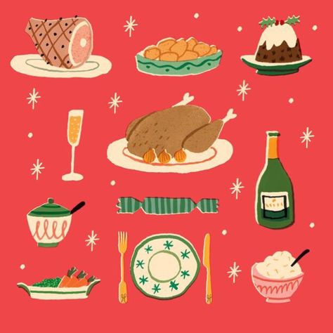 Ruby Taylor on Instagram: “Getting excited about stuffing my face. #Christmas #dinner #Turkey #illustration #champagne #pudding #ham #tableplan” Foodie Illustration, Mid Century Illustration, Winter Illustration, Mid Century Christmas, Holiday Feast, Art And Illustration, Retro Illustration, Holiday Illustrations, Christmas Illustration