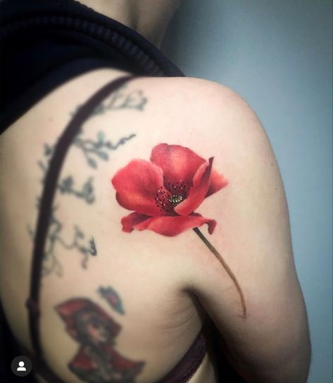 Detailed shading on this realistic poppy tattoo. Poppy Flower Tattoo, Poppy Tattoo, Poppies Tattoo, Poppy Flower, Shoulder Tattoo, Maple Leaf Tattoo, Body Art Tattoos, I Tattoo, Watercolor Tattoo