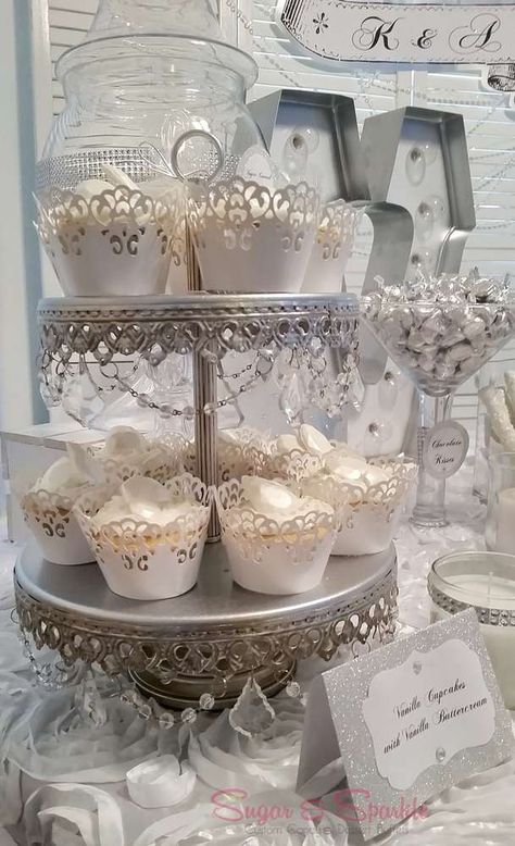 White and Silver Engagement Candy Buffet | CatchMyParty.com~Opulent Treasures 2 tier Chandelier Cake Stand! OXOX Glam Engagement Party, Glam Bridal Shower Ideas, Chandelier Cake Stand, Engagement Party Ideas, Chandelier Cake, 2 Tier Cake Stand, Metal Cake Stand, Sweets Table, Party Stand