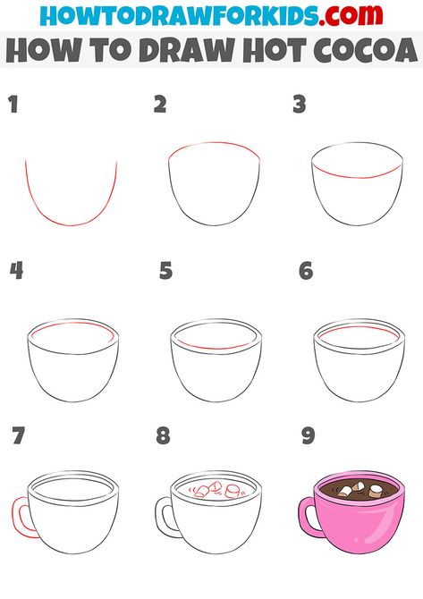 How To Draw A Cup Of Hot Chocolate, Hot Cocoa Drawing Easy, How To Draw Hot Cocoa, How To Draw Hot Chocolate, How To Draw Chocolate, Hot Cocoa Painting, Hot Chocolate Doodle, How To Draw Coffee, How To Draw Food Step By Step