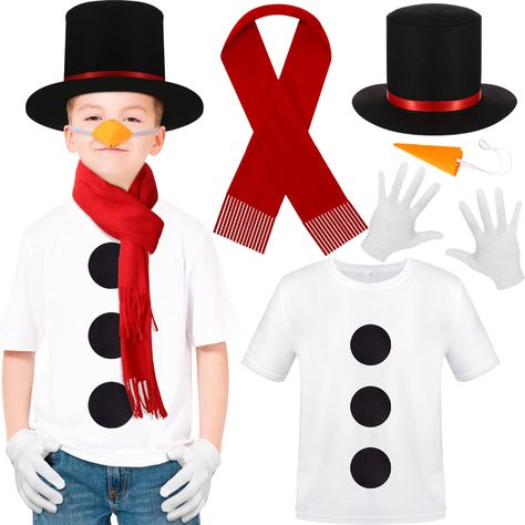 PRICES MAY VARY. velvet, cloth, felt, polyester Good Combinations: you will receive 1 set of Halloween party snowman cosplay supply kits, including 1 piece of kids' white T-shirt with black balls, 1 piece of black snowman hat with red ribbon, 1 piece of the beautiful red scarf, 1 piece of snowman carrot nose and 1 pair of white gloves, enough snowman cosplay apparel accessories for you to use Scarf and Gloves: the material of the scarf is double sided velvet with the size of 70.87 x 11.81 inches Diy Snowman Costume Kids, Dress Up Like A Snowman Kids, Homemade Christmas Costumes, Wearable Christmas Crafts For Kids, Diy Snowman Shirts For Kids, Snowman Dress Up Day At School, Snowman Shirt Diy, Dress Like A Snowman For School, Snowman Day At School Outfit