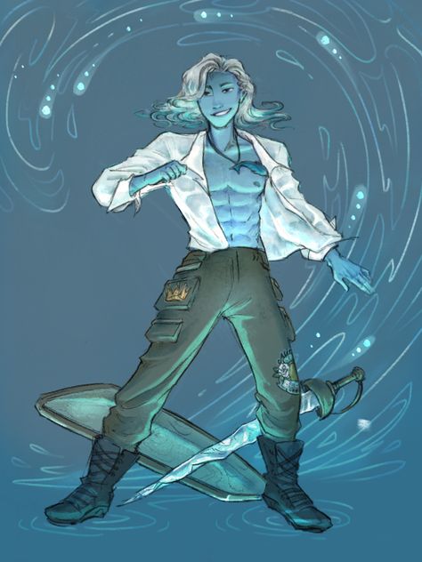 Dnd Genasi Water, Air Genasi Pirate, Deep Sashelas, Water Mage Character Design, Water Character Art, Water Cleric, Water Genasi Paladin, Male Air Genasi, Water Genasi Bard