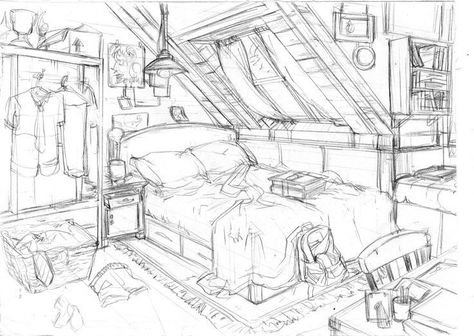 Manga Bedroom Drawing, Drawing Bedroom Sketches, Bedroom Sketch Drawings, Bedroom Perspective Drawing, Drawing Of Room, Room Drawings Sketches, Bedroom Drawing Sketches, Bedroom References, People As Cartoons