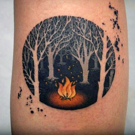 Guy With Forearm Tattoo Fire In Forest At Night Greatness Tattoo, Tattoo For Men On Arm, Circle Tattoo Design, Outdoor Tattoo, Camping Tattoo, Circle Tattoo, Circle Tattoos, Forest Tattoos, Fire Tattoo