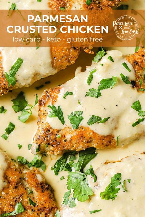 This Parmesan Crusted Chicken with Lemon Cream Sauce is the perfect quick and easy weeknight meal. Tender, juicy chicken breast, coated in crispy parmesan cheese and herbs, tops with a rich lemony cream sauce. It is the perfect low carb, keto alternative to breaded and fried chicken. Keto Chicken Cutlets, Low Carb Lemon Chicken, Chicken With Lemon Cream Sauce, Low Carb Creamy Chicken, Tender Juicy Chicken Breast, Thm Meals, Parmesan Crusted Chicken Recipe, Juicy Chicken Breast, Lemon Cream Sauce