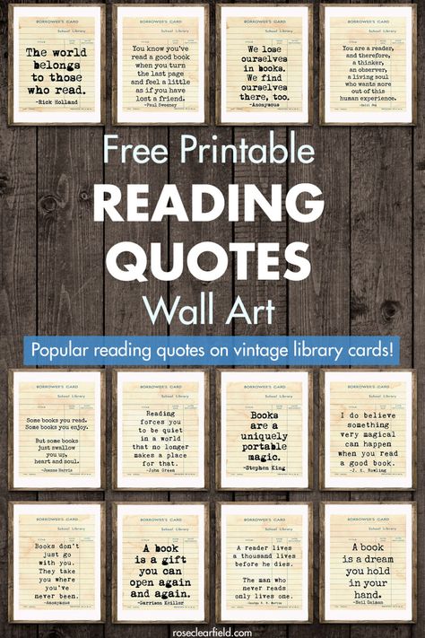 Free Printable Library Card Reading Quotes Wall Art • Rose Clearfield Printable Reading Quotes, School Library Displays, Library Quotes, Middle School Libraries, Library Book Displays, High School Library, Library Bulletin Boards, Quotes Wall Art, Library Displays