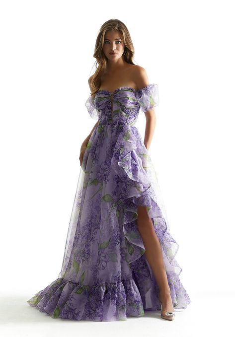 Floral Print Prom Dress, Printed Prom Dresses, Printed Organza, Long Dress Design, Elegant Prom Dresses, Mori Lee, Strapless Corset, Floor Length Skirt, Strapless Gown