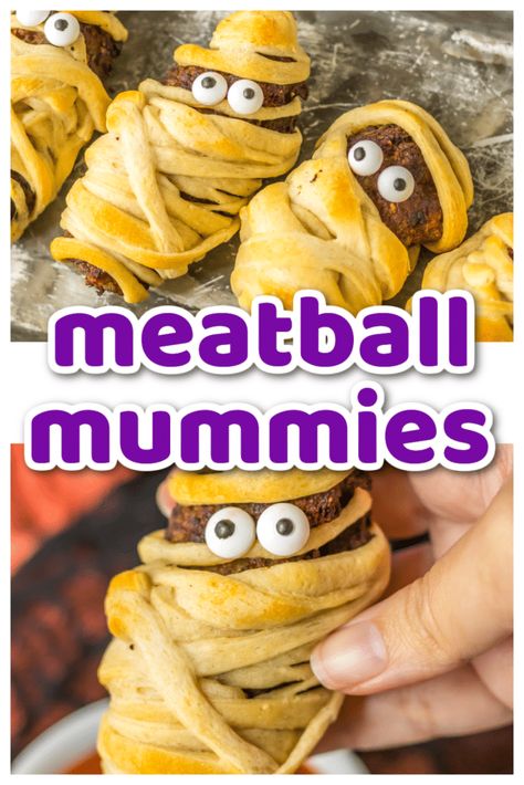 Meatballs Wrapped In Crescent Rolls, Ground Beef Halloween Recipes, Meatball Mummy Crescent Bites, Cresent Roll Meatball Bites, Halloween Meatball Mummies, Mummy Meatballs, Meatball Mummies, Halloween Mummy Hotdogs, Savory Meatballs