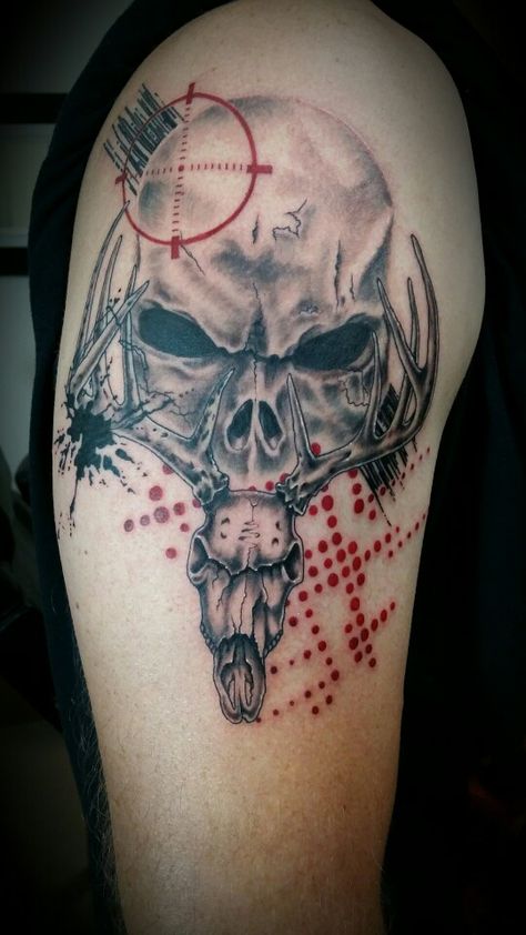 Bone Collector inspired tattoo. Done in trash polka style. Thank u John! Bone Collector Tattoo, Seth Tattoo, Antler Tattoos, Bone Collector, Deer Drawing, Trash Polka, Tattoo Work, Skull Tattoos, Body Tattoos