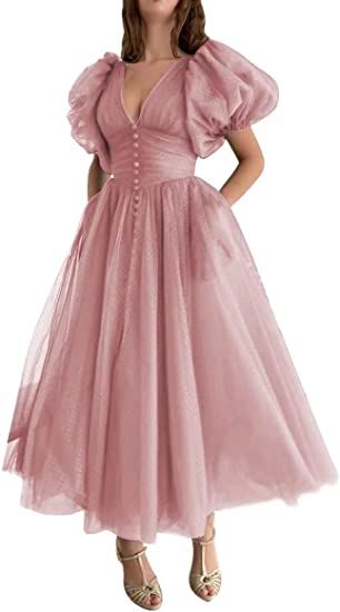 Dresses Tea Length, Sleeve Prom Dresses, Puffy Prom Dresses, Tea Length Prom Dress, Tea Length Tulle, V Neck Prom Dresses, Evening Party Gowns, Tulle Ball Gown, Ball Gowns Evening