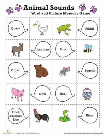 Worksheets: Easy Animal Memory Game: Oh, I love to make fun games with things. You can cut these pics and pile them up. At "go", match them up. Pair the pics with the correct sound each makes.  MamaPat Animal Sounds Activity, Animal Sounds Game, Animal Memory Game, Preschool Homework, Game Worksheet, Animal Sound, Nursery Rhymes Preschool, Winter Theme Preschool, Communication Activities