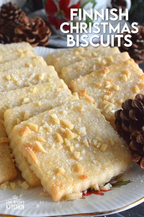 The saying goes that simple is best, and in the case of these Finnish Christmas Biscuits, no saying could ring more true! These light and airy biscuits are buttery and lightly sweetened. The chopped almonds on top add flavour, colour, and texture, which makes these biscuits irresistible, so maybe make a double batch! #cookies #biscuits #christmas #finnish #finland Finnish Dessert Recipes, Biscuits And Cookies Simple Recipes, Christmas Biscuits Recipe, Italian Almond Cookies, Finnish Recipes, Christmas Biscuits, Scandinavian Food, Almond Cookies, Biscuit Cookies