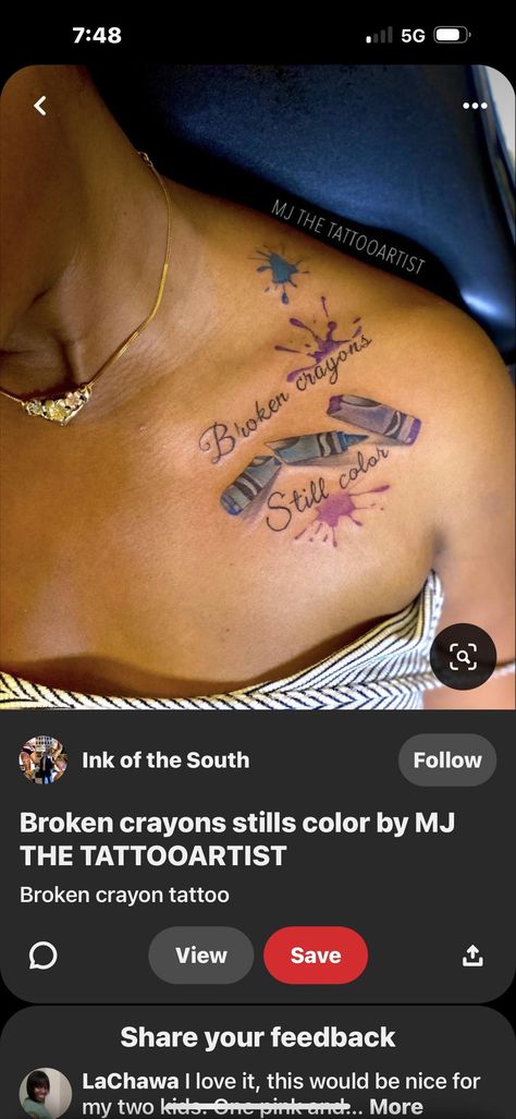 Broken Crayons Still Color Tat, Crayon Tattoo Ideas, Tats On Dark Skin, Color Tattoos On Dark Skin, Tattoo Ideas Arm, Lock Tattoo, Africa Tattoos, Girl Thigh Tattoos, Tan Tattoo