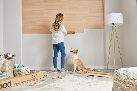 Adhesive Wood Paneling, Peel And Stick Shiplap, Flooring On Walls, Rental Bedroom, Redo House, Table Risers, Geek Home Decor, Stick On Wood Wall, Faux Wood Wall