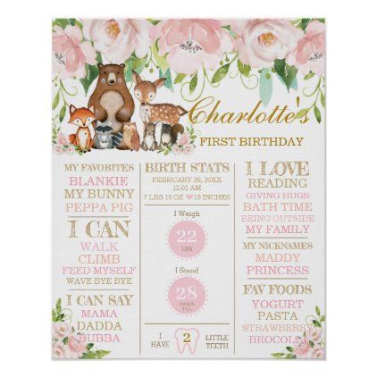 Pink Floral Woodland 1st Birthday Milestone Sign First Birthday Woodland Theme, Woodland First Birthday Girl, Birthday Woodland Theme, First Birthday Woodland, 1st Birthday Welcome Sign, Woodland First Birthday, Farm Animals Birthday, Woodland Theme Baby, First Birthday Girl