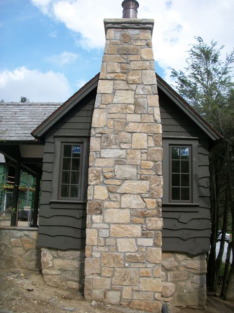 Chimney Design Ideas, Cottage Chimney, Chimney Exterior, Exterior Chimney, Modern Cottage Exterior, Fireplace Chimney, Modern Outdoor Fireplace, Log Cabin Exterior, Chimney Design