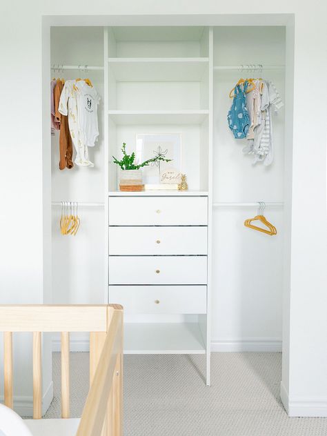 Ikea Nursery Closet, Ikea Aurdal Closet Hack, Ikea Aurdal Closet, Ikea Aurdal, Closet Inserts, Nursery Ikea, Ikea Closet System, Small Closet Makeover, Ikea Closet Hack