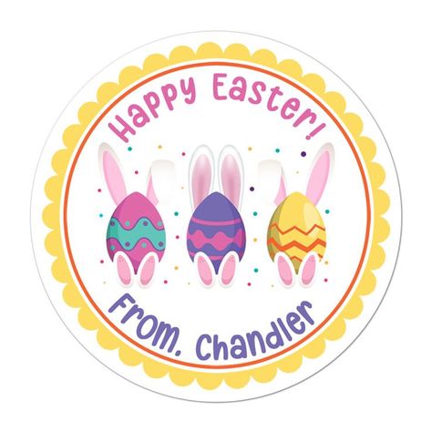 Personalized Easter Stickers by INKtropolis. Perfect for all goodie bags, class parties, friends, family, workplace, baked goods, candy treats, church members, and more. #personalized #personalizedsticker #personalizedlabel #personalizedeaster #easter #easterstickers #easterlabels  #treatbagstickers #treatbaglabels #easterbakedgoods #eastercandystickers #inktropolis Happy Easter Stickers, Personalized Easter Eggs, Easter Favors, Candy Stickers, Easter Stickers, Valentine Stickers, Eggs Easter, Round Labels, Easter Candy