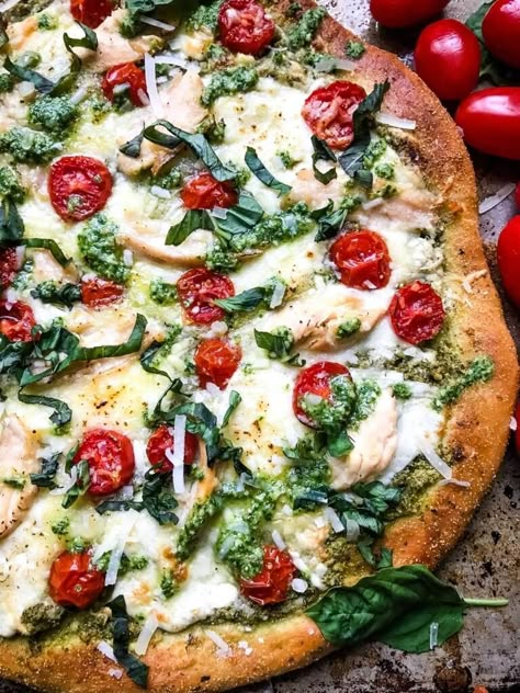 Chicken Basil Pizza, Basil Pizza Recipes, Basil Pesto Pizza, Basil Pesto Pizza Recipe, Basil Dishes, Pizza With Basil, Chicken Pesto Pizza, Caprese Pizza, Pesto Pizza Recipe