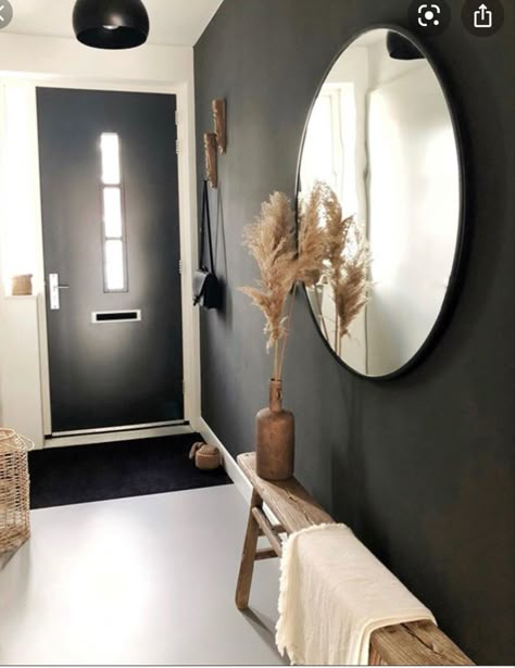 Narrow Dark Hallway Ideas, Dark Grey Feature Wall, Grey And White Hallway, Grey Hallway Ideas, Dark Hallway Ideas, Hallway Decorating Ideas, Grey Feature Wall, Hallway Colour Schemes, Entryway Decorating