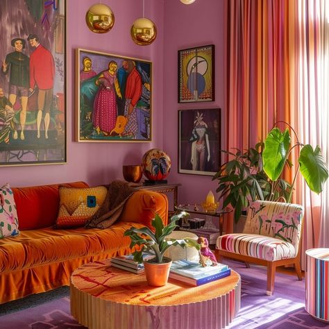 Who’s says Orange and purple…and red can’t go together #colorindesign #aiinteriors Purple 70s Aesthetic, Red And Purple Room, Orange Purple Bedroom, Purple And Orange Living Room, Red Orange Living Room, Tiger Background, Funky Living Room, Orange Living Room, Orange Room