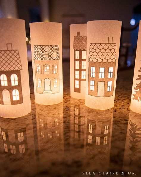 Printable Christmas Village, Luminary Diy, Tea Crafts, Candle Luminaries, Winter Art Projects, Paper Pop, Computer Paper, Xmas Deco, Christmas Paper Crafts